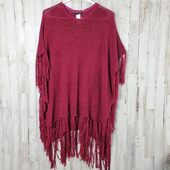 Maurices Boxy Loose Knit Fringe Shawl Sweater Maroon OSFM - Picture 1 of 11